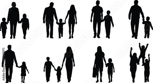 Silhouette vector illustration of families walking, parents with children, holding hands, lifting kids, diverse family interactions, everyday lifestyle design.