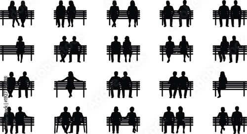 Silhouette vector illustration of people sitting on benches, pairs and singles, diverse postures, social interaction, everyday lifestyle, urban public spaces.