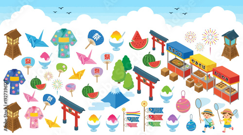 Japanese Summer Festival Isometric Icons: Matsuri Elements, Traditional Culture, Food Stalls, Yukata, Shaved Ice, and Playful Kids in Cartoon Style