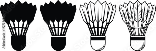 Set of badminton shuttlecock icons in black and white silhouette and line art styles, professional sports equipment illustration isolated on a plain white background.