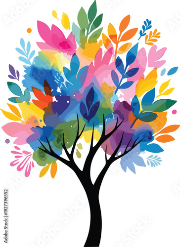 Vibrant Watercolor Tree Illustration with Colorful Abstract Leaves and Artistic Splashes for Creative Nature Branding, Modern Eco Friendly Design, and Spiritual Growth Concepts