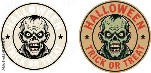 Vintage Halloween Badge Collection Featuring Scary Zombie Head Illustration with Trick or Treat Typography in Circular Retro Style for Party Invitations and Seasonal Branding