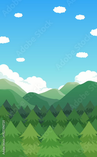 スギ並木と山並みのイラスト_縦