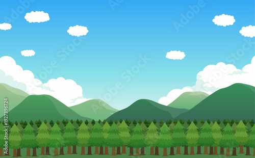 スギ並木と山並みのイラスト_横