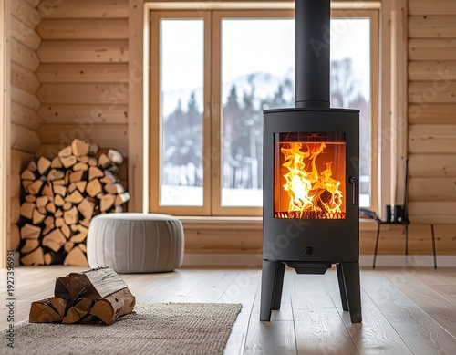 Cozy cabin interior with a lit fireplace, snow outside the window