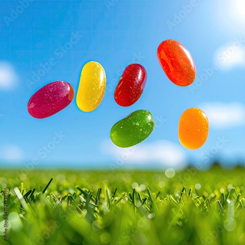 Colorful, suspended candies float above green grass against a bright blue sky