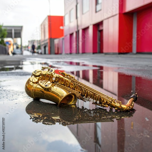 A golden saxophone lies in a puddle reflecting colorful buildings