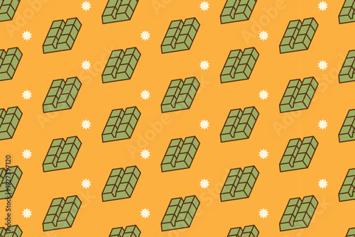 Matcha chocolate bar with light colorful seamless pattern on yellow background for merchandise. Green tea chocolate cartoon pattern background. chocolate block pieces isolated illustration motif