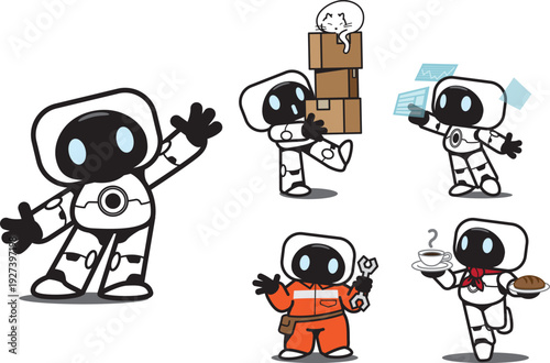 Cute Physical AI robot character set with various poses and emotions