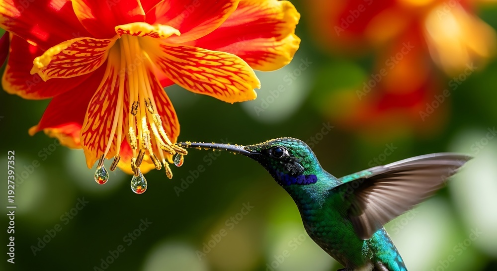 Obraz premium Vibrant hummingbird sips nectar from stunning red and yellow flower in garden