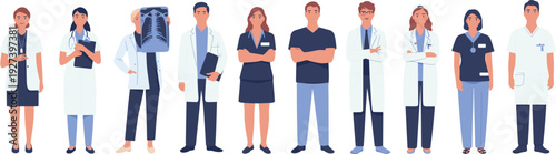 Diverse Medical Team, Doctors and Nurses Standing Together in Hospital Uniforms, Professional Healthcare Workers Flat Vector Illustration Collection Set Design