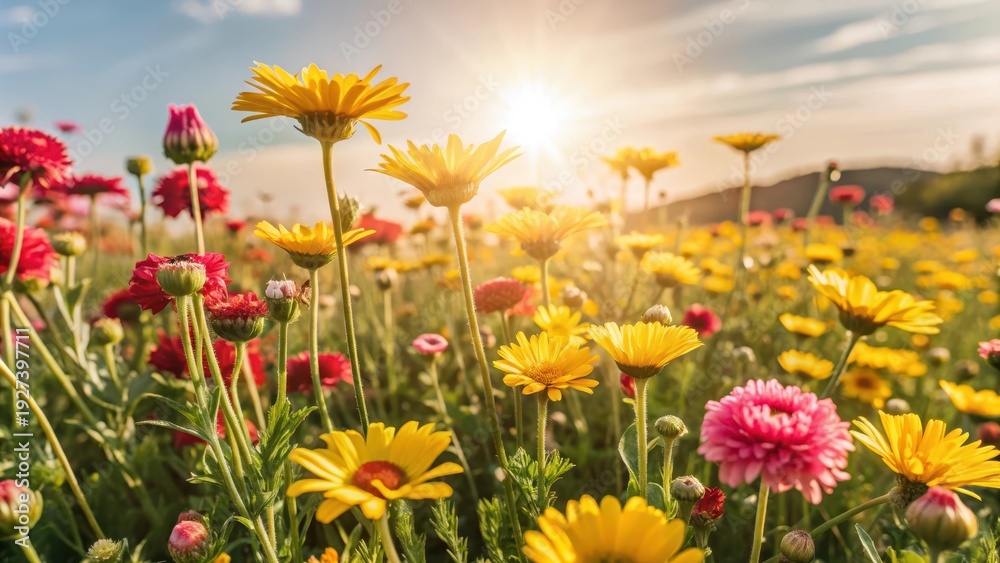 Obraz premium Morning Sunlit Yellow Wildflower Meadow