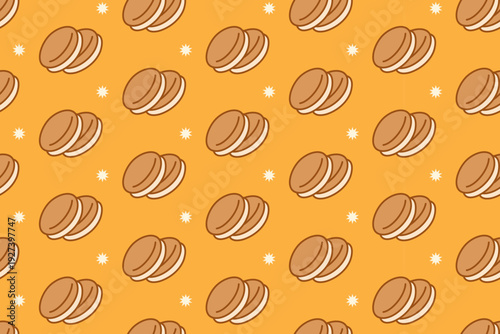 Sandwich cookies with star colorful seamless pattern on yellow background for merchandise. Cream filled biscuit cartoon pattern background. Sweet bakery cookie isolated illustration motif