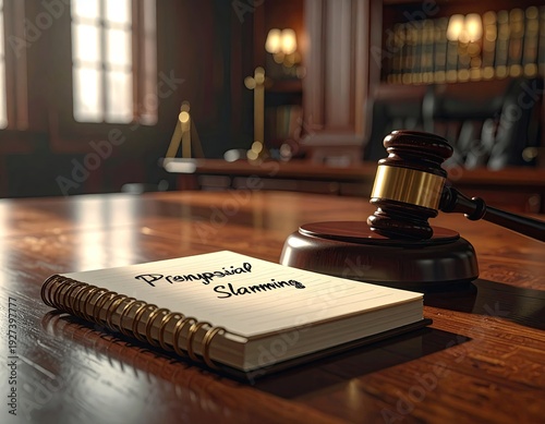 Courtroom scene with gavel, notepad, and desk; sunlight