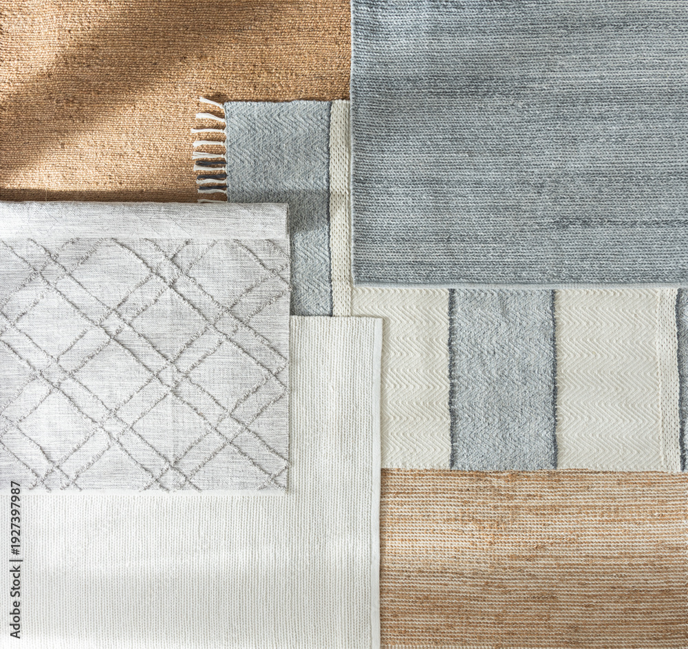 Fototapeta premium Close-Up Detail of Multicolor Nordic Fabric Texture, Flatweave Cotton Area Rug Samples Set Featuring Neutral Colors and Various Textures, Top View.