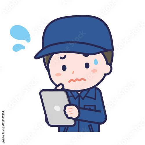 タブレットを使う「消防団員」の男性