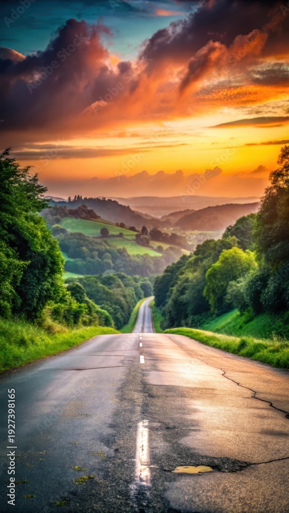 Obraz premium A photo of a wornout road with faded , directing traffic on a busy highway, surrounded by lush green trees and rolling hills in the background, twili