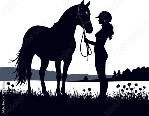 Graceful silhouette of a female rider with her horse in a meadow: Design for equestrian club logos, horse breeding farm brochures, or country life posters. Transparent background EPS version.