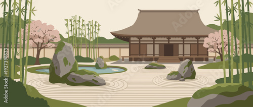 Peaceful Japanese Zen garden vector illustration with raked gravel patterns, mossy rocks, bamboo forest, cherry blossom trees, and a traditional Buddhist temple building in a serene landscape.