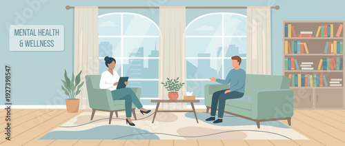 Flat vector illustration of a mental health therapy session in a modern office. A female psychologist with a clipboard listens to a male patient on a sofa. Wellness, counseling, and psychology.