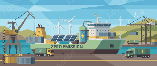 Modern Zero Emission Cargo Ship in Port with Cranes and Containers; Sustainable Maritime Transport Illustration Featuring Solar Panels, Wind Turbines, and Electric Trucks for Green Logistics.