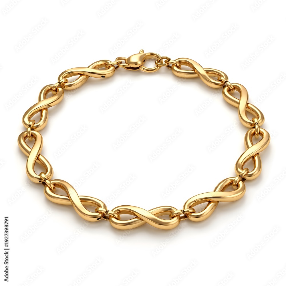 Fototapeta premium Entire Gold Infinity Link Bracelet Showing The Full Chain Loop On A Bright White Background