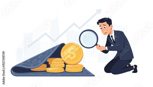 Businessman using magnifying glass to find hidden gold dollar coins under a rug, concept of searching for investment capital, financial discovery, wealth audit, and economic growth with city