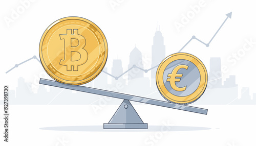 Bitcoin and Euro Coins on a Teeter-Totter Seesaw with City Skyline and Growth Graph Background, Illustrating Cryptocurrency vs Fiat Currency Exchange Rate, Financial Market Value and Investment.