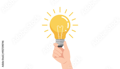 Hand Holding a Glowing Yellow Light Bulb Vector Illustration. Concept of Creative Business Idea, Innovation, Inspiration, Solution, and Success. Flat Design Isolated on White Background.