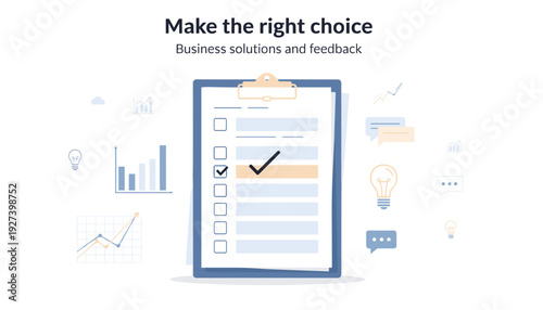 Business solutions and feedback concept with a clipboard checklist, checkmark, data graphs, light bulb ideas, and speech bubbles. Professional vector for survey, choice, and market analysis.
