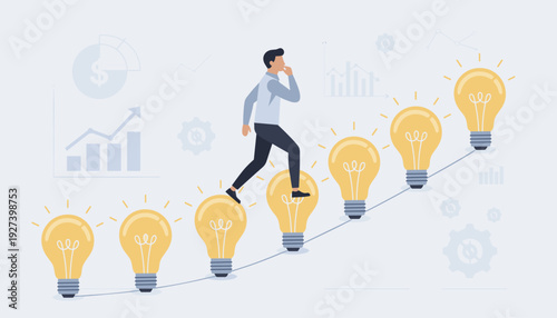 Businessman Walking Up a Path of Glowing Light Bulbs Towards Success, Concept for Creative Thinking, Innovation, Brainstorming New Ideas, Business Growth, Problem Solving, and Strategic Vision