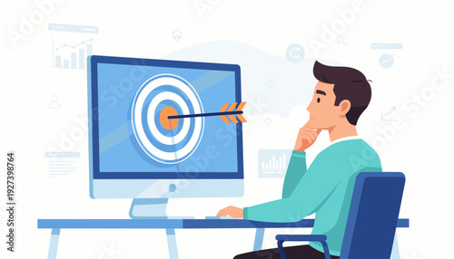 Businessman at desk looking at computer monitor with target and arrow in the center, representing digital marketing strategy, business goals, success, achievement, and data analysis vector art.