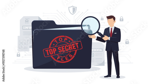 Businessman in Suit Holding Magnifying Glass Inspecting Large Black Folder with Red Top Secret Files Stamp, Confidential Documents and Digital Security Icons, Corporate Investigation Concept
