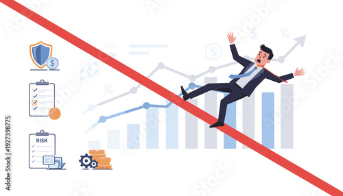 Risk Management and Assessment Concept with Businessman Falling from a Declining Red Line Graph, Financial Loss and Economic Downturn Strategies, Stock Market Crisis and Investment Protection