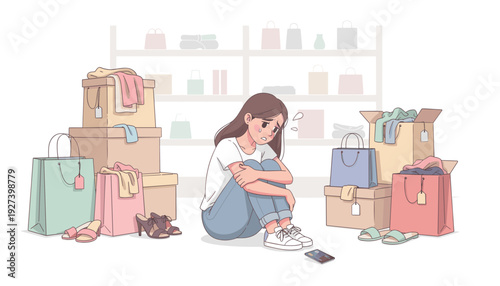 Sad woman sitting on floor surrounded by shopping bags and boxes, crying over credit card. Vector illustration of shopping addiction, compulsive buying disorder, debt, and consumerism obsession.