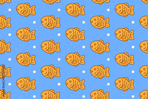 Taiyaki fish pastry with dotted colorful seamless pattern on blue background for merchandise. Japanese fish cake cartoon pattern background. Sweet fish bun isolated illustration motif