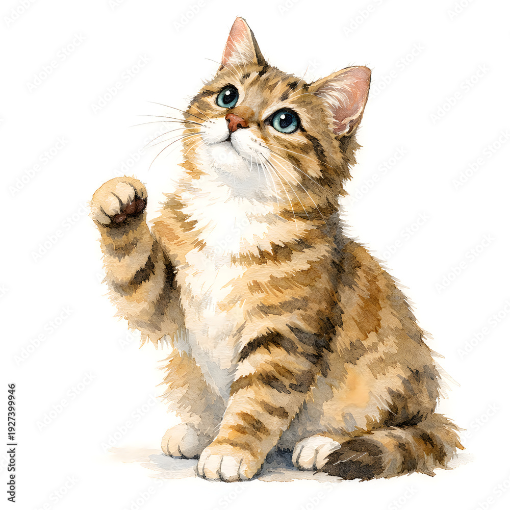 Obraz premium Watercolor Illustration of a Cute Tabby Kitten Sitting and Looking Up with Raised Paw Isolated on White Background