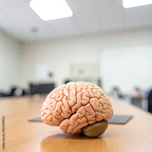 Brain model sits on table in blurred conference room