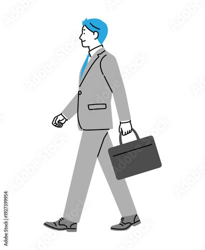 男性のビジネスパーソンがビジネスバッグを片手に歩いている姿のイラスト