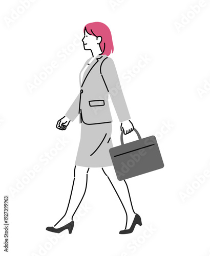 女性のビジネスパーソンがビジネスバッグを片手に歩いている姿のイラスト