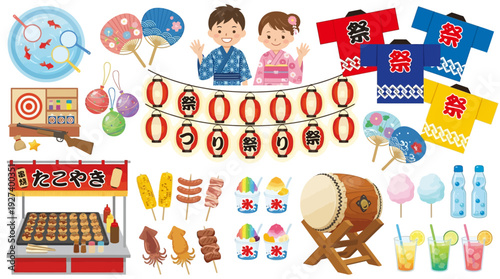 Japanese Summer Festival Illustration Set: Matsuri Elements, Food Stalls, Traditional Games, Yukata, and Lanterns