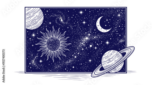 Mystical Celestial Space Illustration with Sun, Moon, Planets, and Stars on a Deep Blue Background. Cosmic & Astrology Art.