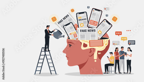 Conceptual illustration of fake news and media manipulation showing a man watering misinformation into a human brain filled with smartphones and newspapers, depicting social media influence.