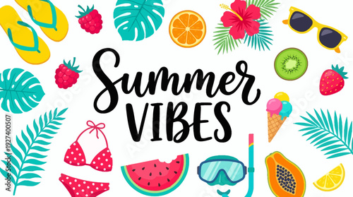 "Summer Vibes" Vector Lettering with Tropical Fruits, Beach Accessories, and Vacation Essentials Collection