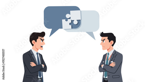 Two businessmen in suits having a heated argument with speech bubbles containing mismatched puzzle pieces, representing failed communication, misunderstanding, conflict, and corporate disagreement.