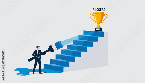 Businessman Using a Large Paintbrush to Create His Own Blue Staircase Leading to a Golden Trophy for Success, Concept of Career Growth, Ambition, Goal Achievement, and Self-Made Professional Path