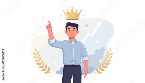 Successful Man with Golden Crown Above Head Pointing Up, Concept of Positive Self Esteem, Leadership, Achievement, Personal Growth, and Business Motivation Vector Illustration in Flat Style