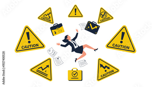 Businesswoman falling surrounded by yellow caution signs and warning symbols. Concept of business failure, financial risk, economic crisis, bankruptcy, and market crash in flat vector style.
