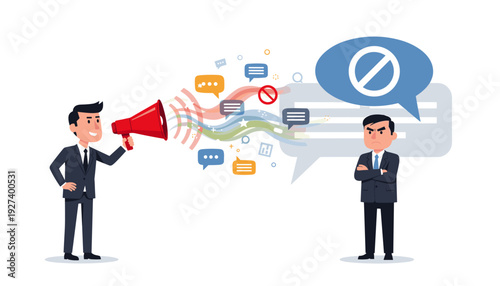 Businessman with Megaphone Shouting at Manager Refusing to Listen, Metaphor for Freedom of Speech, Censorship, Protest, and Communication Conflict in Corporate Environment Illustration