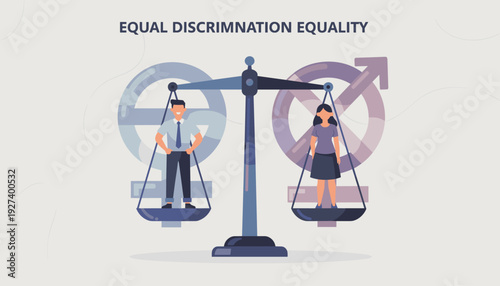 Gender Equality Concept Illustration Featuring a Man and Woman Standing on a Balanced Scale of Justice. Male and Female Symbols Background Representing Equal Rights, Social Justice, and Fairness.